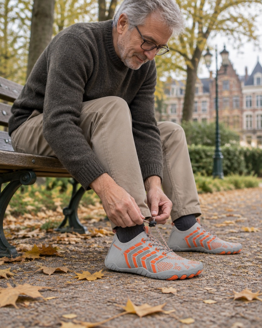 Man van rond de 65 trekt op een bankje in het park de veter van zijn Norvaflex Ridge aan