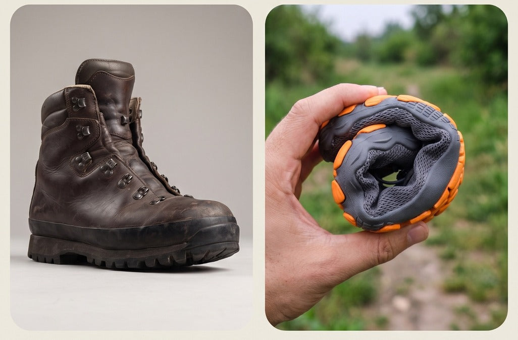 Een klassieke bergschoen naast de Norvaflex Ridge die in één hand wordt opgerold