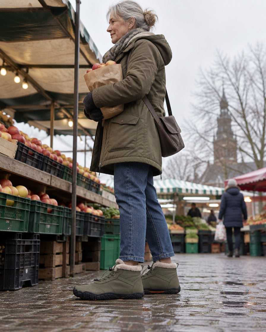 Norva Snowline Frost in legergroen op de markt op een natte winterochtend