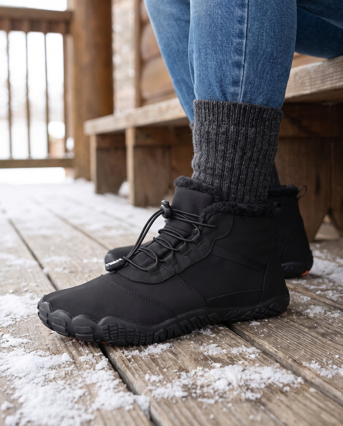 Snowline Frost in Black gedragen met een dikke wollen sok