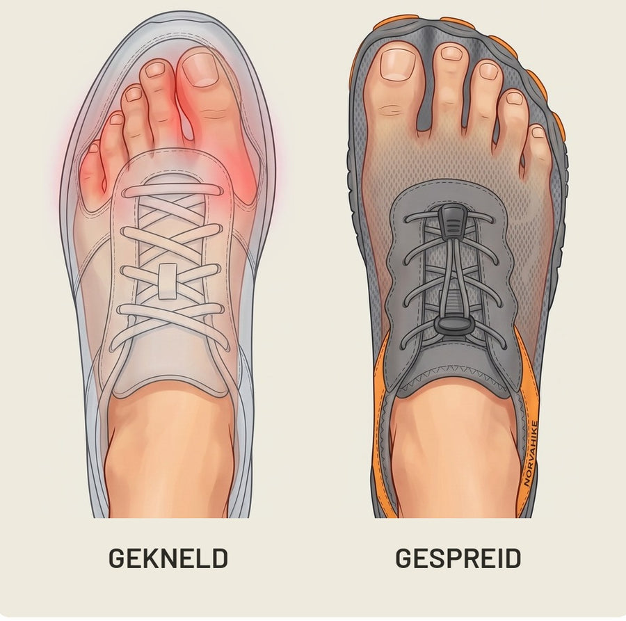 Illustratie: tenen geknerd in een smalle schoen tegenover tenen die gespreid liggen in een schoen met brede neus