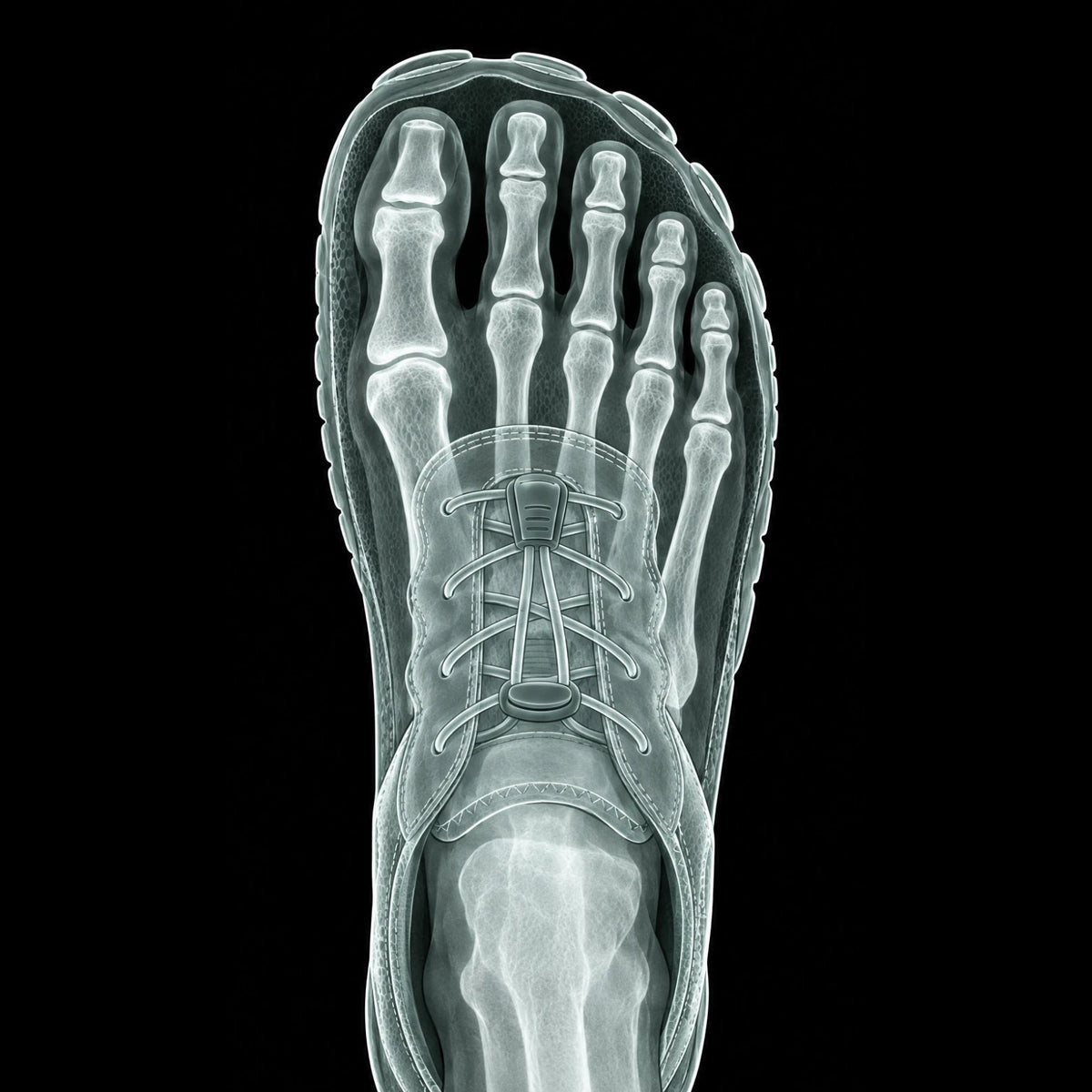 Illustratie: rontgenbeeld van tenen met ruimte in een barefoot-schoen